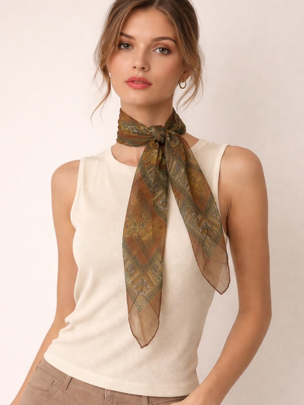 Women's Olive Brown Patterned Silk Neck Scarf